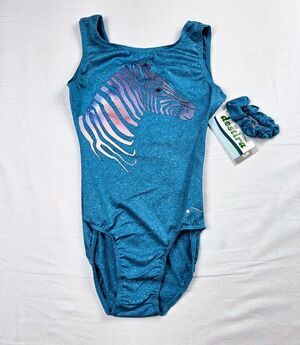 NWT Destira Dharma Zebra Gymnastics Leotard AJR Adult Junior Turquoise Scrunchie
